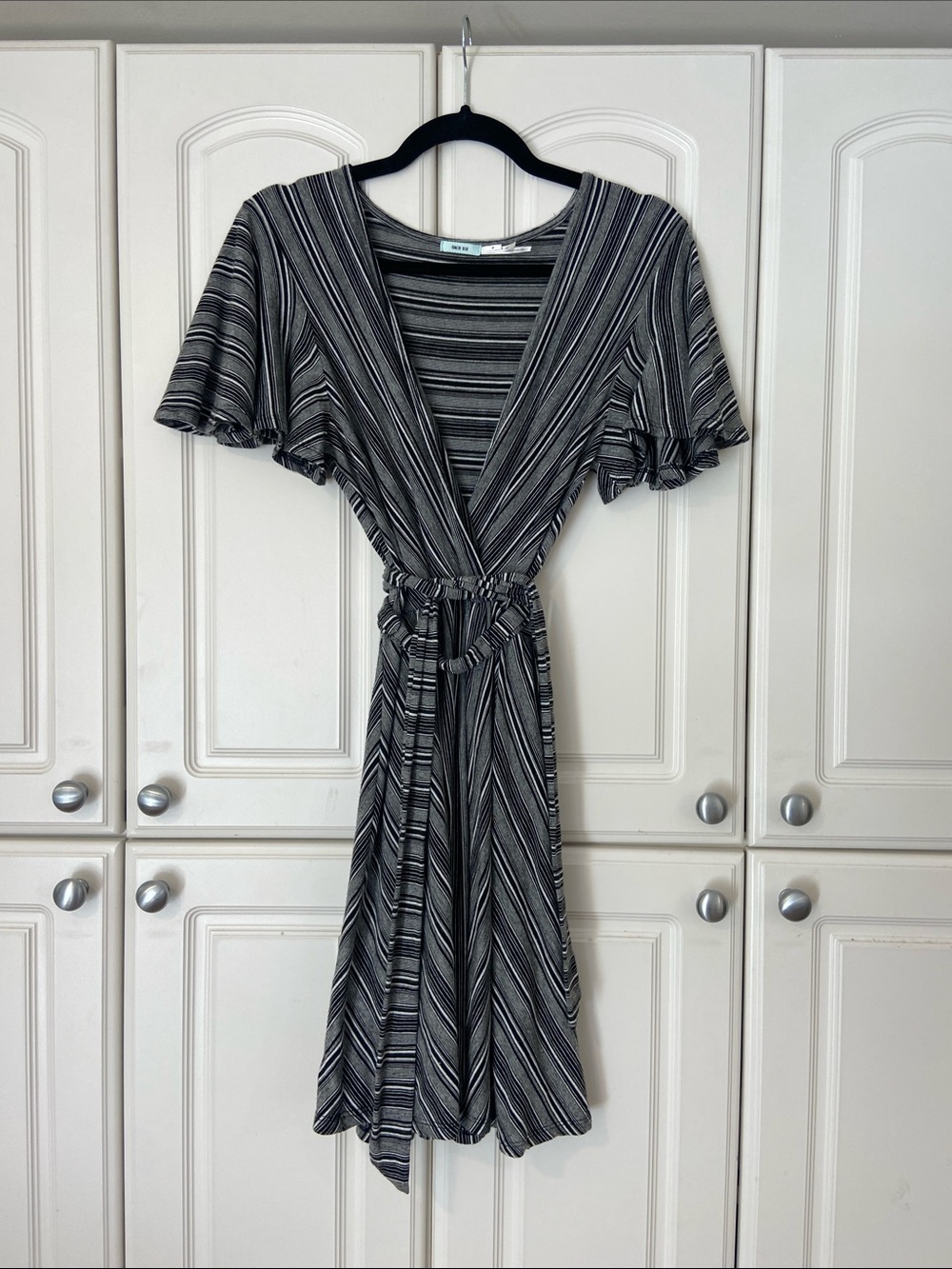 Urban Outfitters Kimchi Blue Striped V-Neck Faux Wrap Dress - Black & White